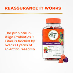 Align Probiotic + Fiber Gummies packaging close-up shows product details.
