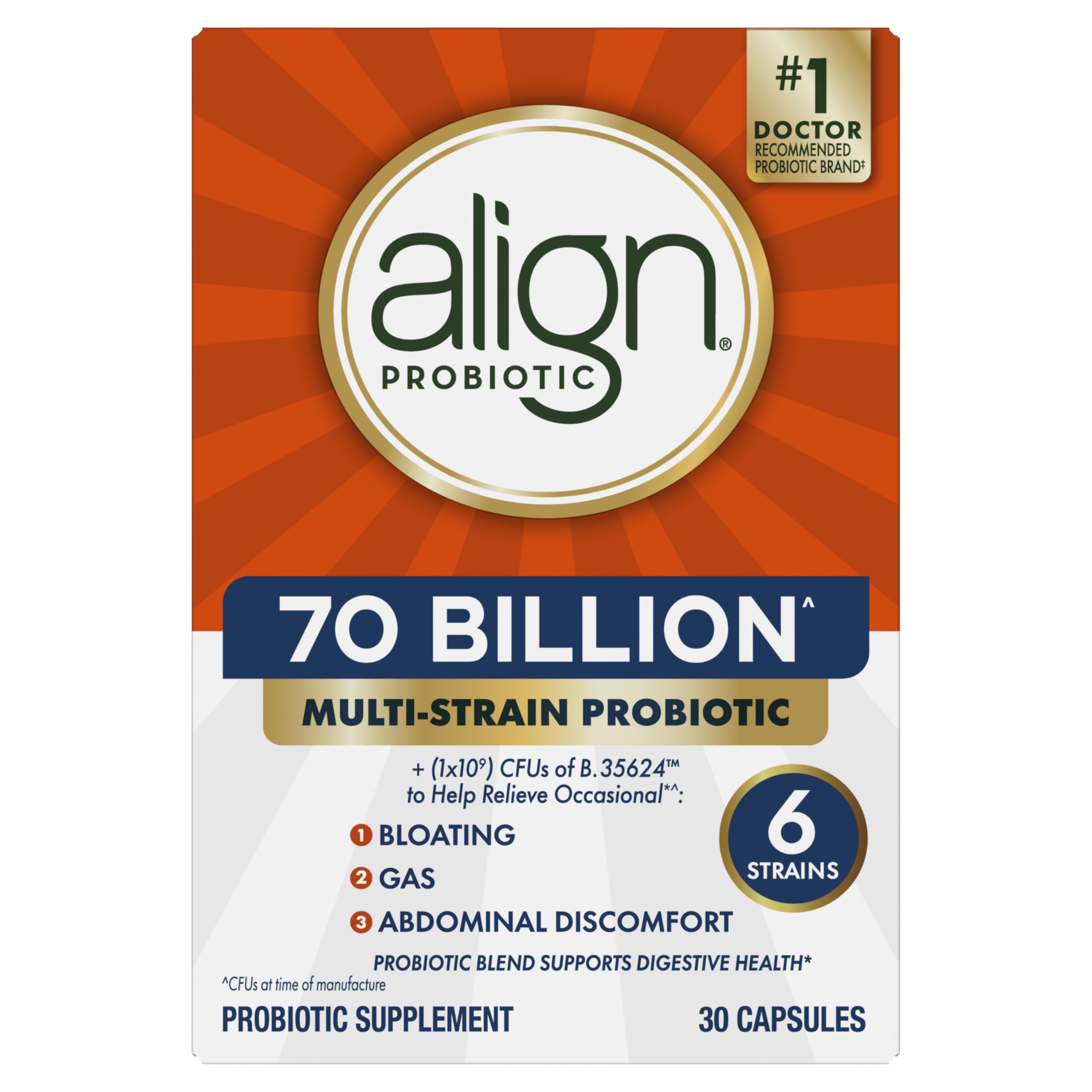 Align Probiotic box shows no refrigeration requirement icon.
