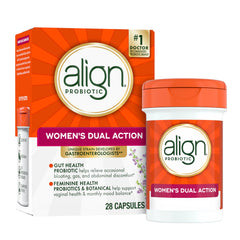 Align Probiotic Women’s Dual Action bottle on table supports digestive balance and vaginal health