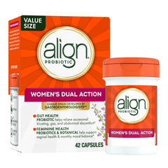 Align Probiotic Women’s Dual Action bottle on counter promotes daily digestive balance