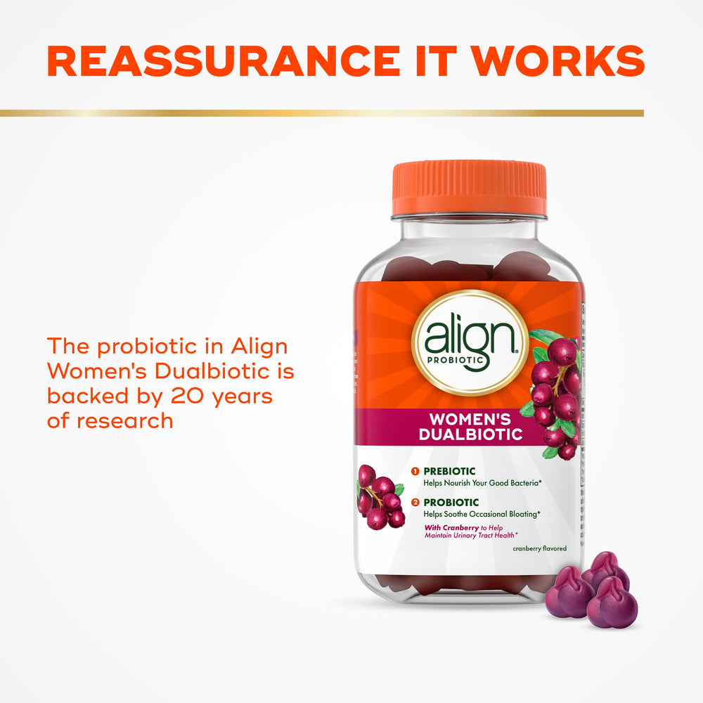 Label of Align Probiotic Women’s Dualbiotic Gummies indicating vegetarian and gluten-free purity.
