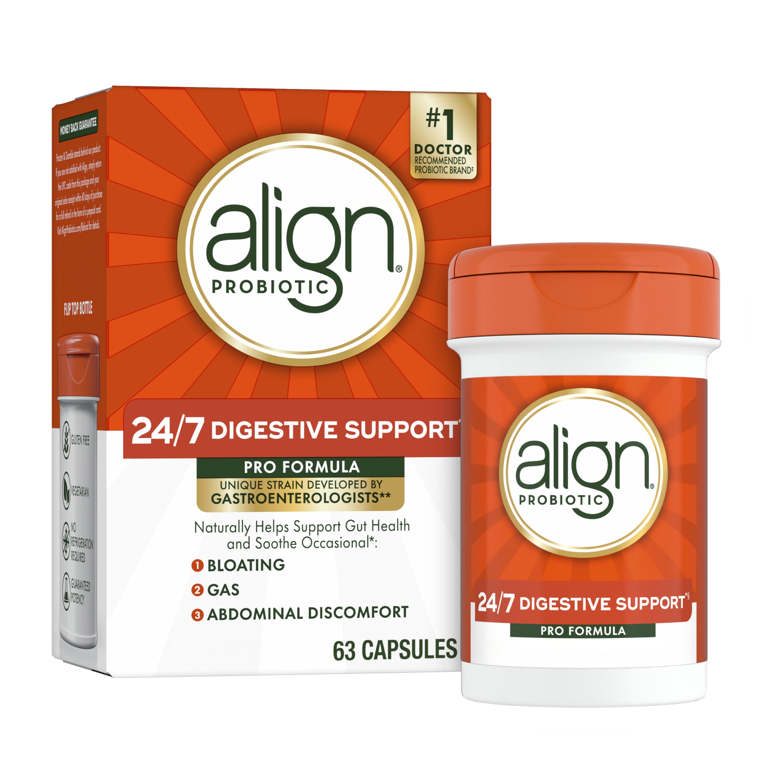 Align Pro Formula bottle shows easy to swallow capsules for daily digestive balance