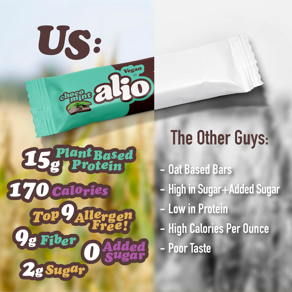 Sliced Alio Choco Mint bar reveals layers and flavor