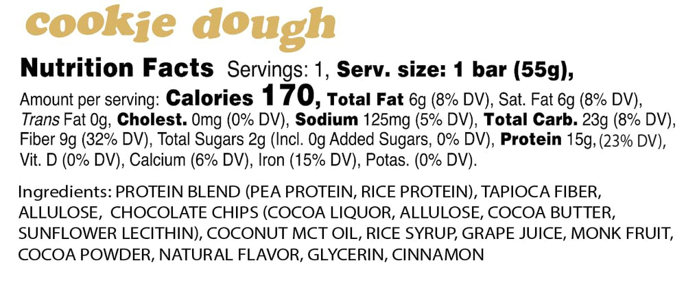 Alio Cookie Dough Bar dense chewy texture close-up, a satisfying plant-based snack opportunity