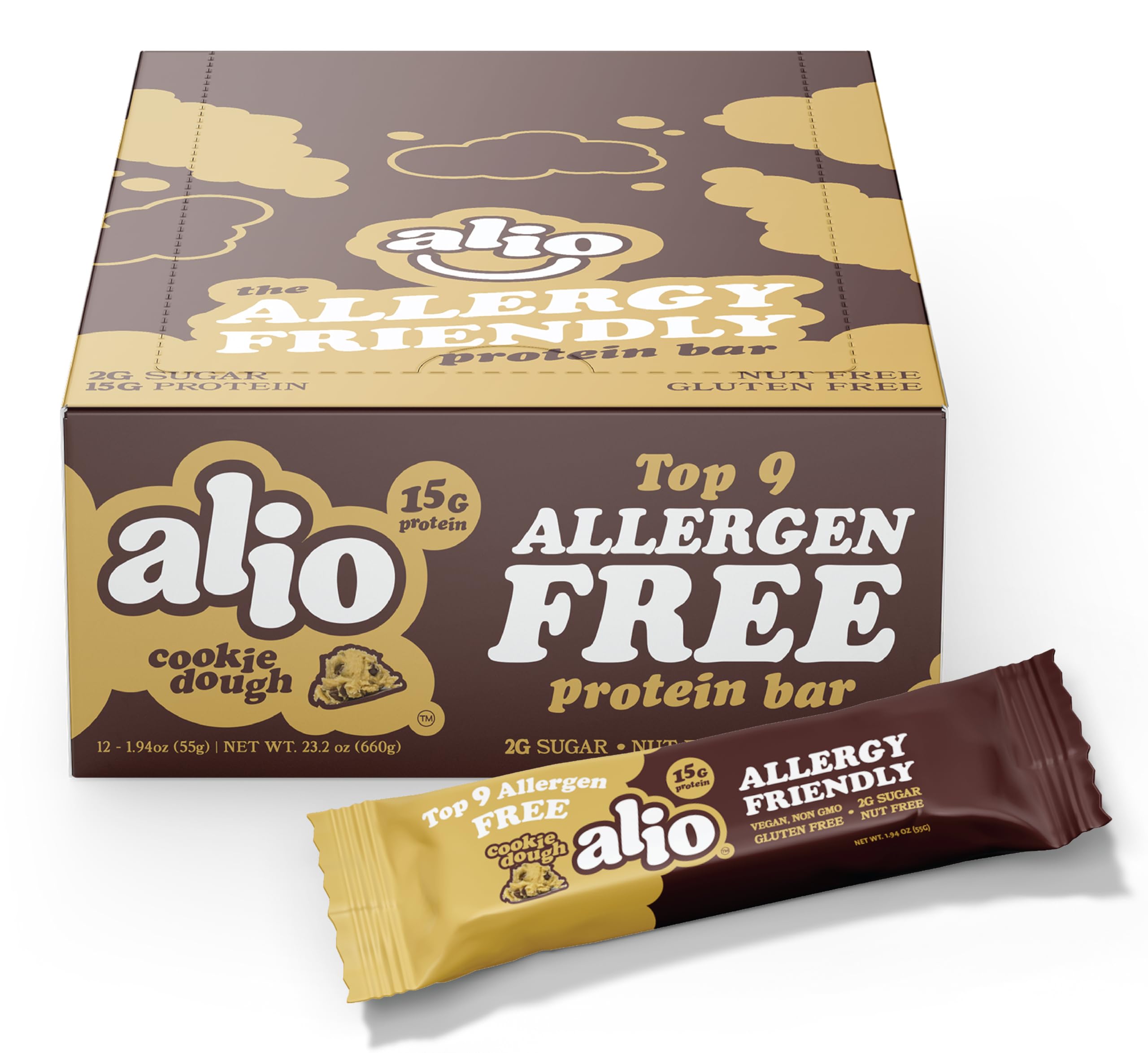 Alio Cookie Dough Bar packaging on a clean surface, ideal for on-the-go allergen-free snacking