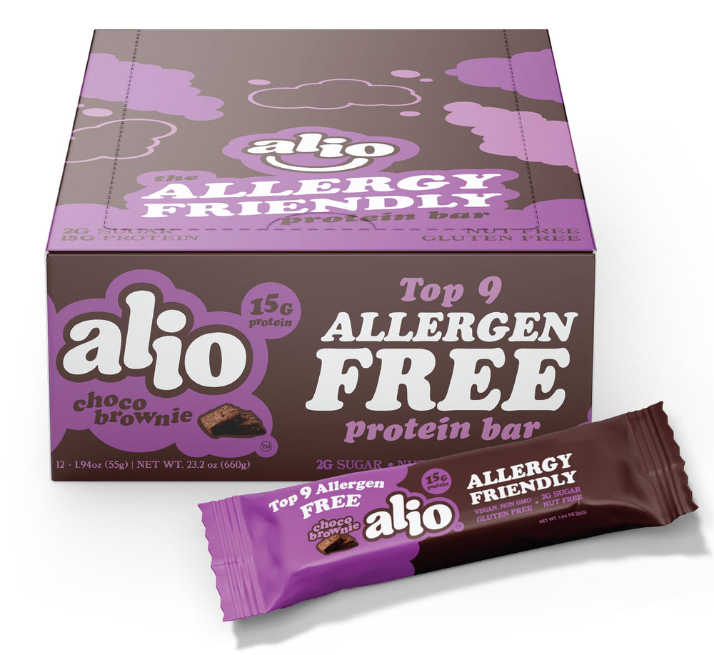 Alio Protein Bars Choco Brownie pack shot, allergen-free snack for on-the-go protein