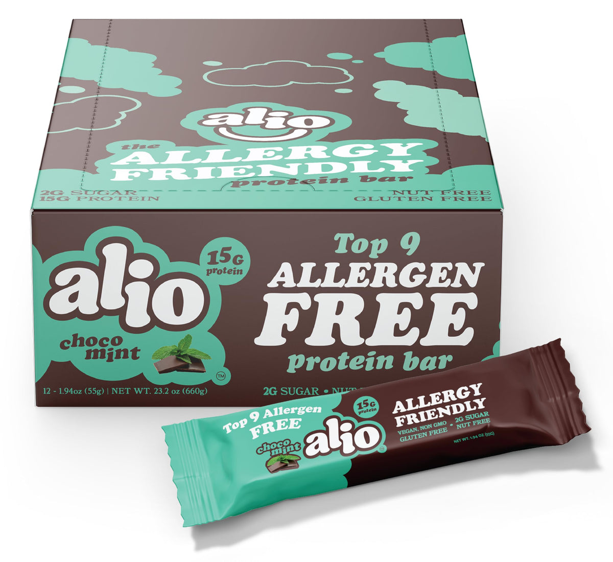 Alio Choco Mint protein bars pack on shelf for on-the-go snacking