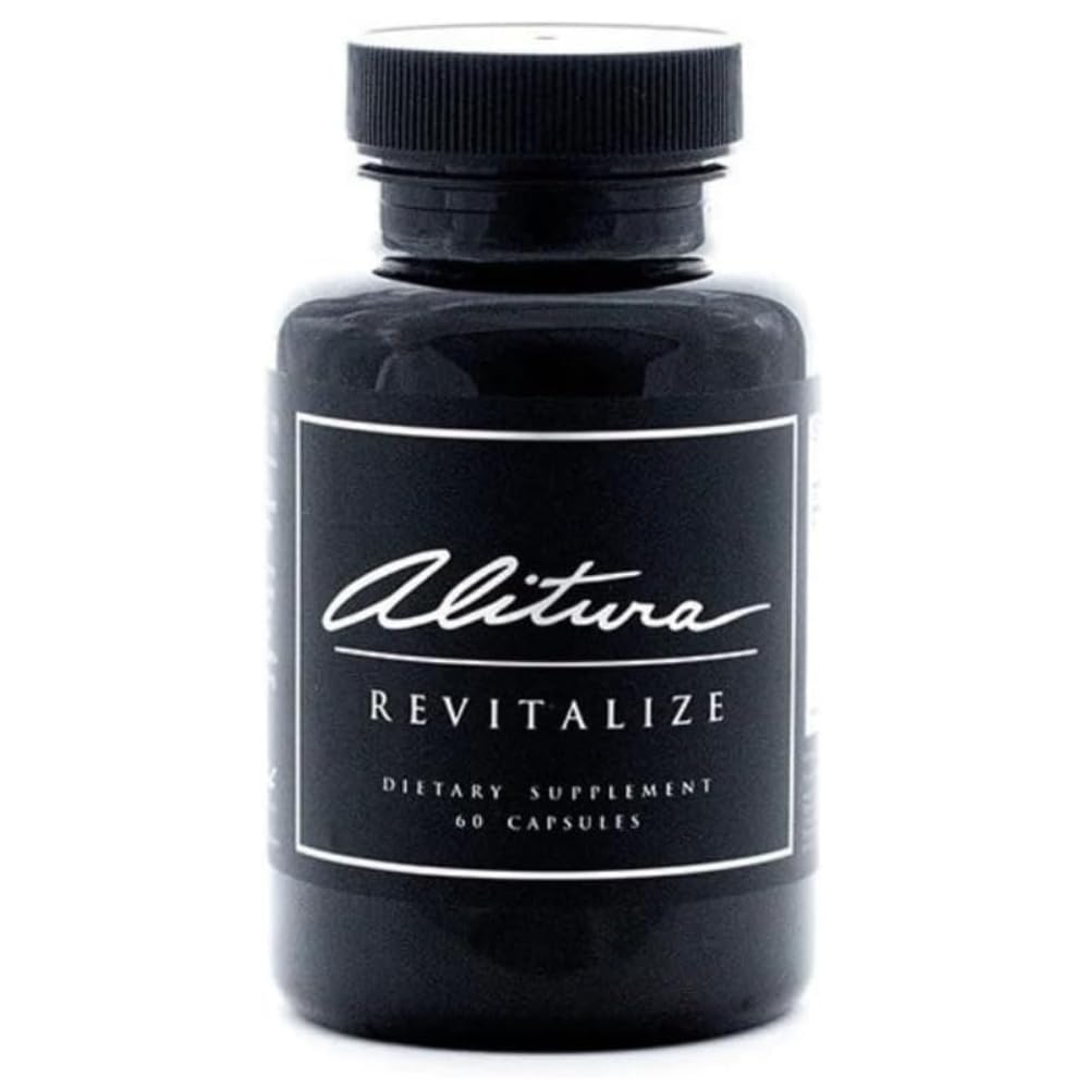 Alitura Revitalize bottle view shows organic ashwagandha and turmeric for daily energy