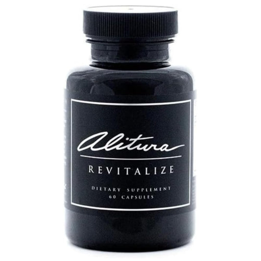 Alitura Revitalize bottle view shows organic ashwagandha and turmeric for daily energy