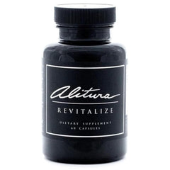 Alitura Revitalize bottle view shows organic ashwagandha and turmeric for daily energy
