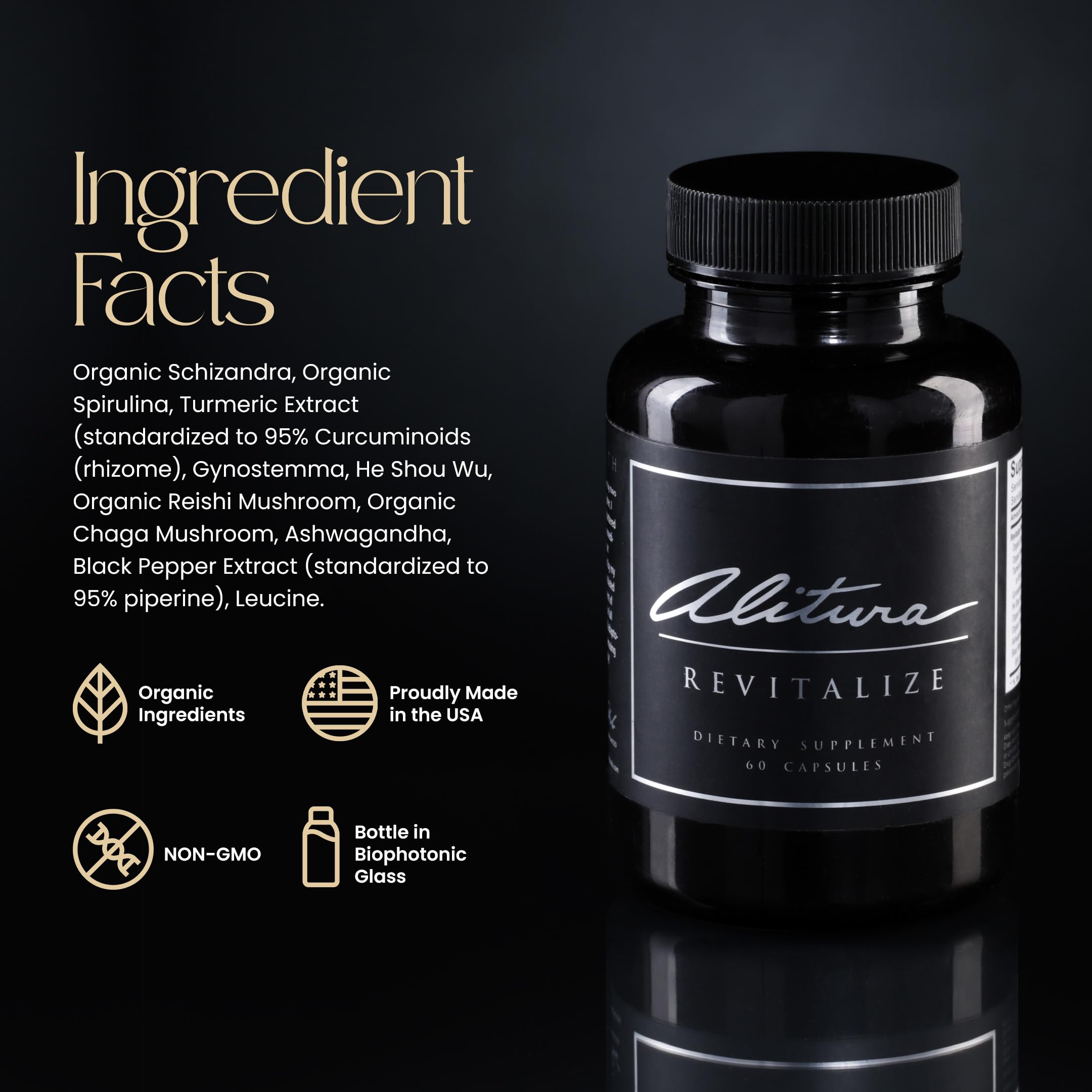 Alitura Revitalize capsules closeup highlights clean-label blend for focus and vitality