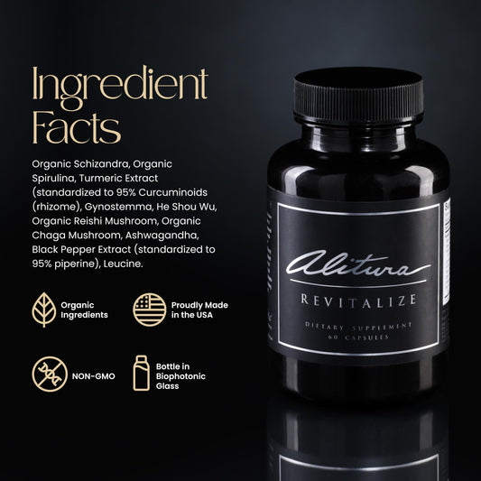 Alitura Revitalize capsules closeup highlights clean-label blend for focus and vitality