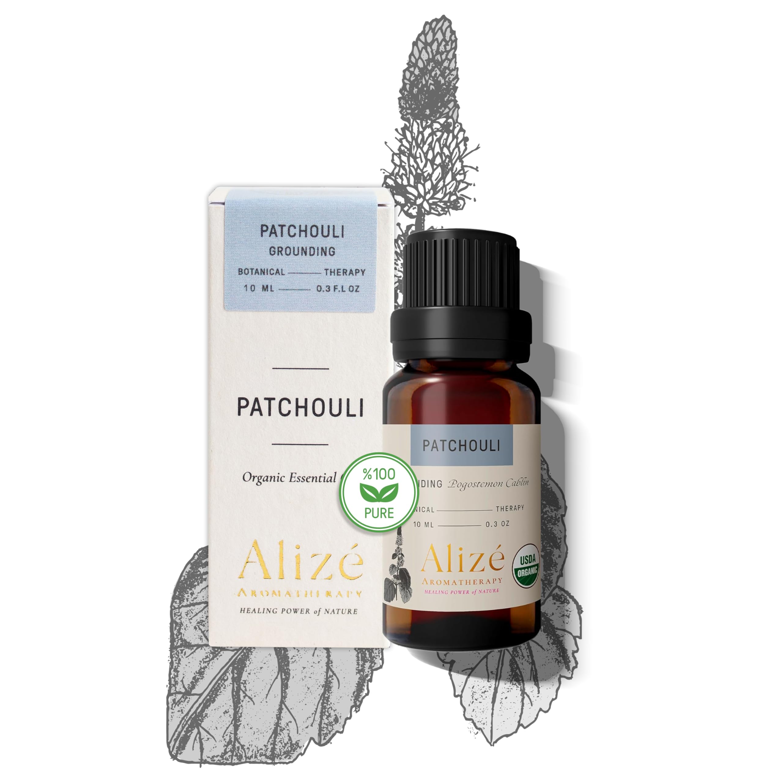 Alizé Aromatherapy Patchouli Oil in a dark-glass bottle for preserving potency.