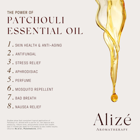 Alizé Patchouli Oil with dropper for precise dispensing in DIY blends.