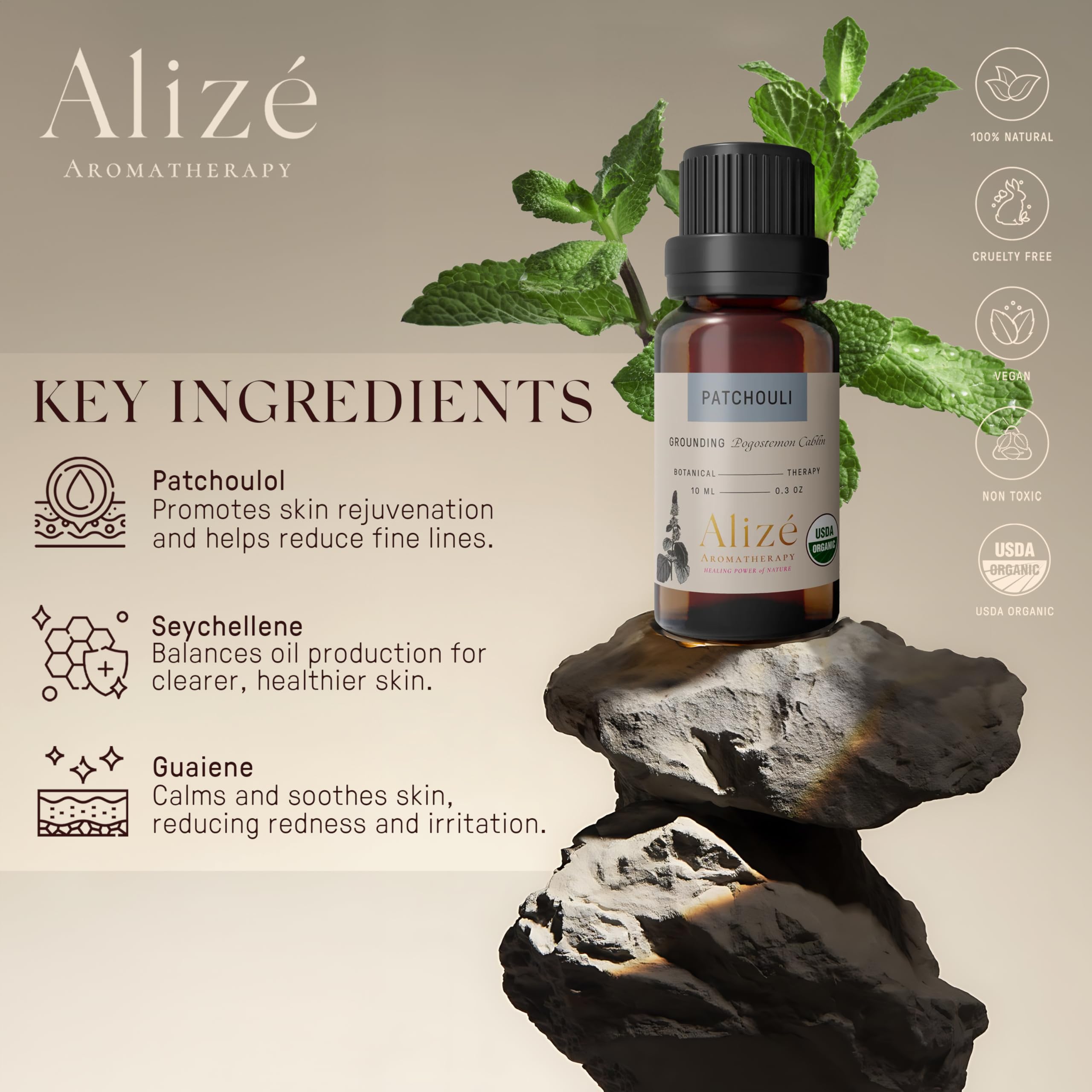 Patchouli oil from Indonesia by Alizé Aromatherapy capturing earthy notes.