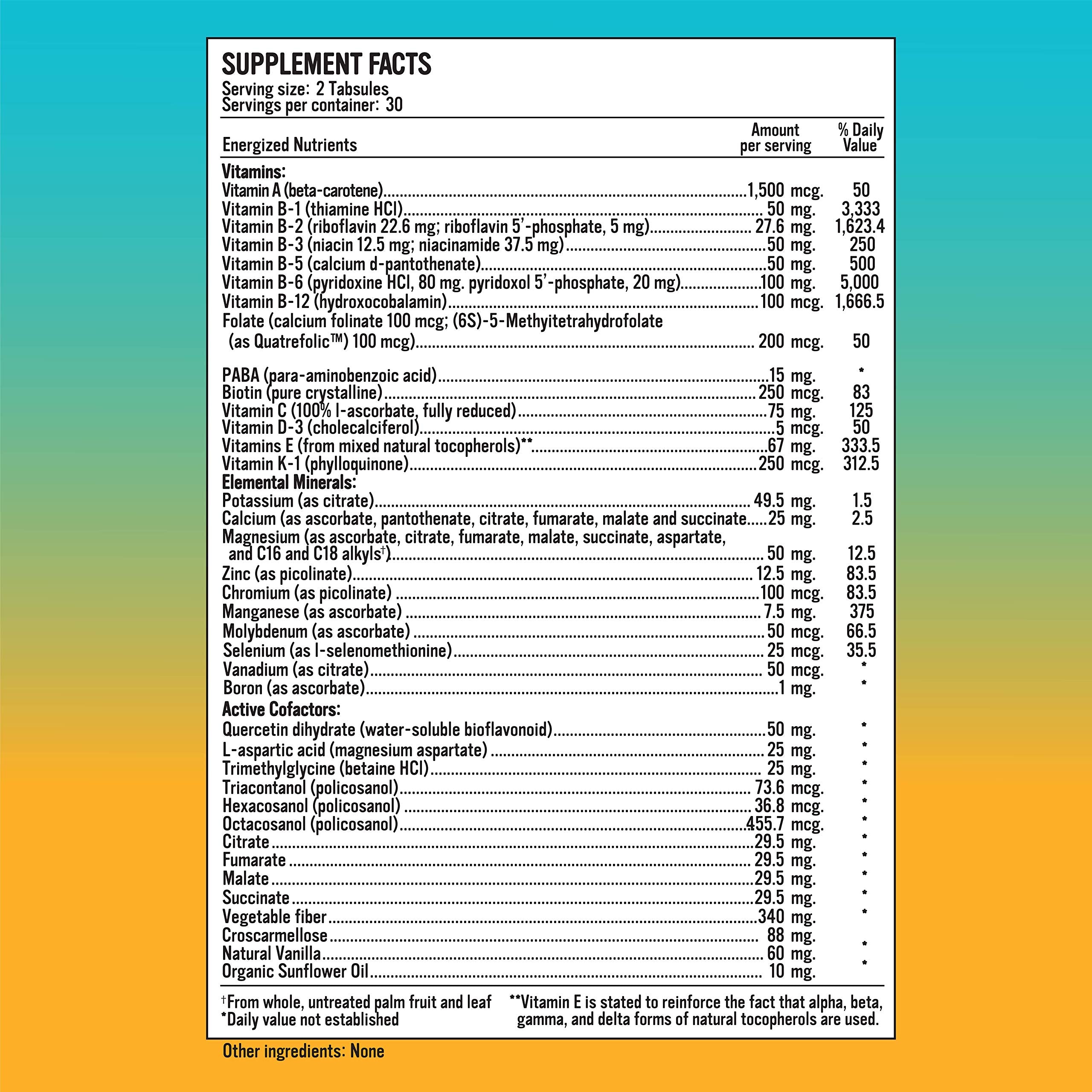 Alkaline for Life Energized Multi bottle-side highlights 40-nutrient formula for energy