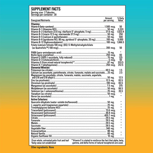 Alkaline for Life Energized Multi bottle-side highlights 40-nutrient formula for energy