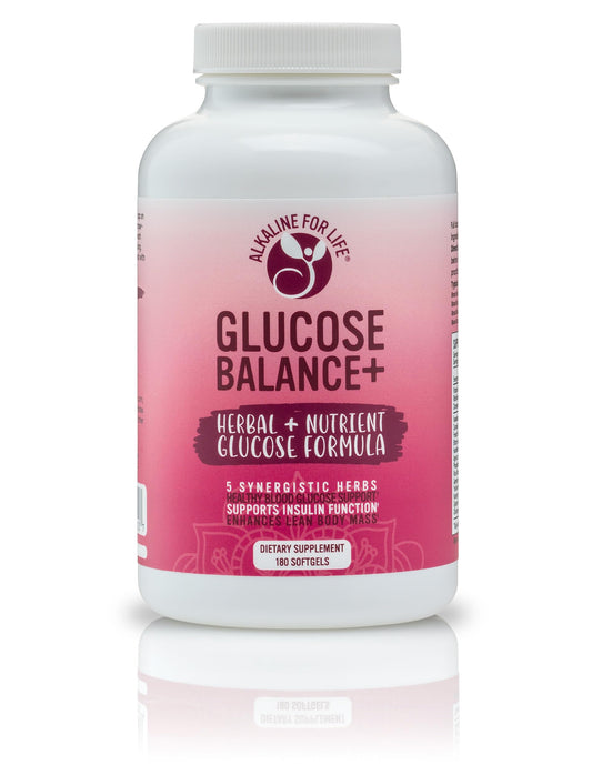 Alkaline for Life Glucose Balance bottle with herbs promoting steady energy.
