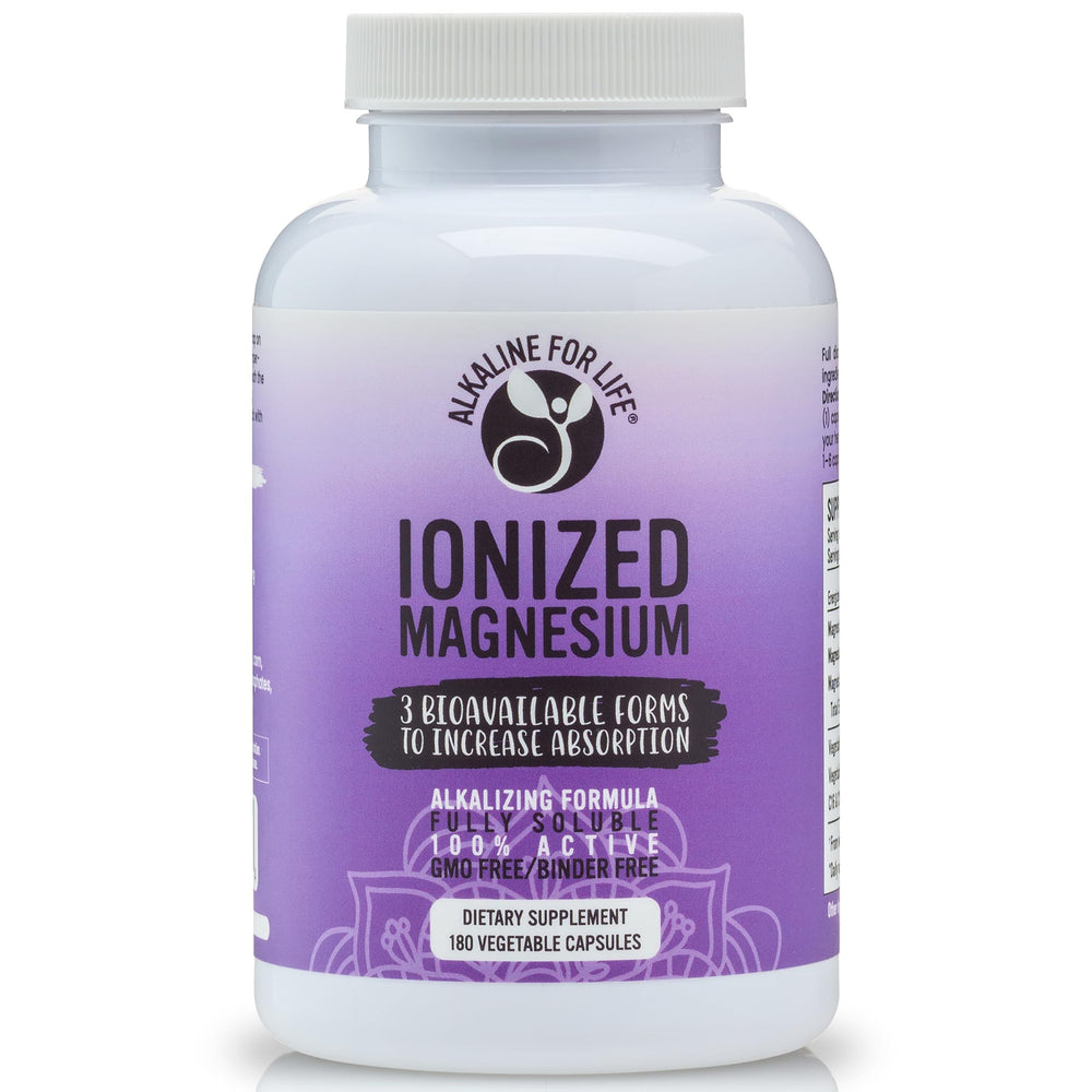 Alkaline for Life Ionized Magnesium bottle, easy-to-swallow capsules for daily support.