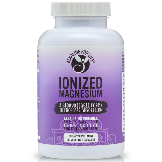 Alkaline for Life Ionized Magnesium bottle, easy-to-swallow capsules for daily support.