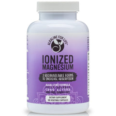 Alkaline for Life Ionized Magnesium bottle, easy-to-swallow capsules for daily support.