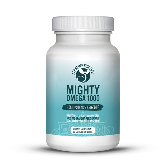 Alkaline for Life Mighty Omega 1000 bottle pour showing high-dose EPA/DHA for heart support