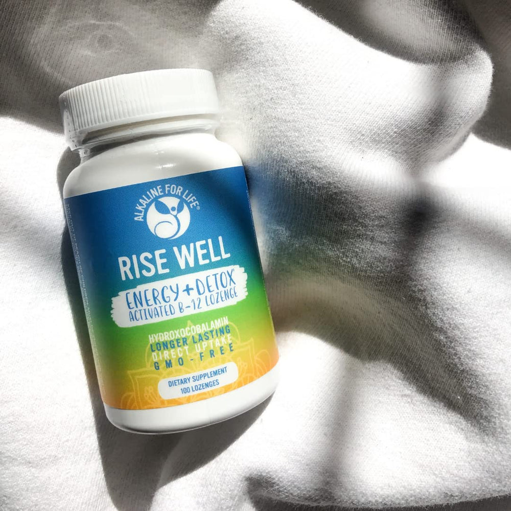 Alkaline for Life Rise Well B12 packaging emphasizes clean ingredients.