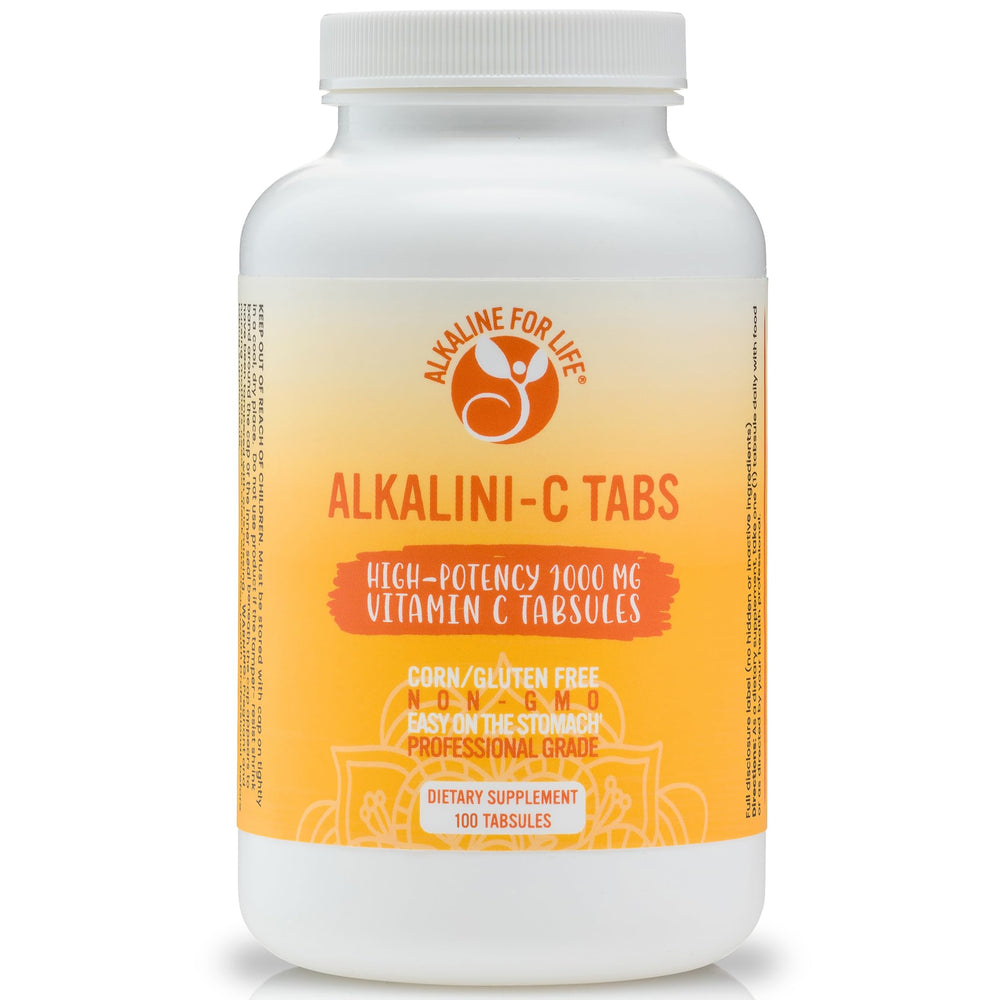 Alkalini-C Tabs bottle pour displays buffered vitamin C for gentler digestion