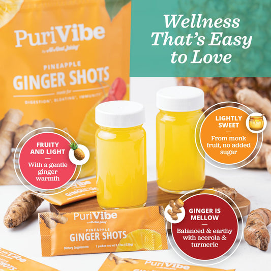 All About Juicing bottle pouring ginger shot for quick immunity-friendly wellness