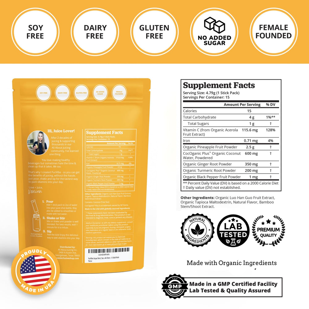 All About Juicing nutrition facts label highlights calories and sugar