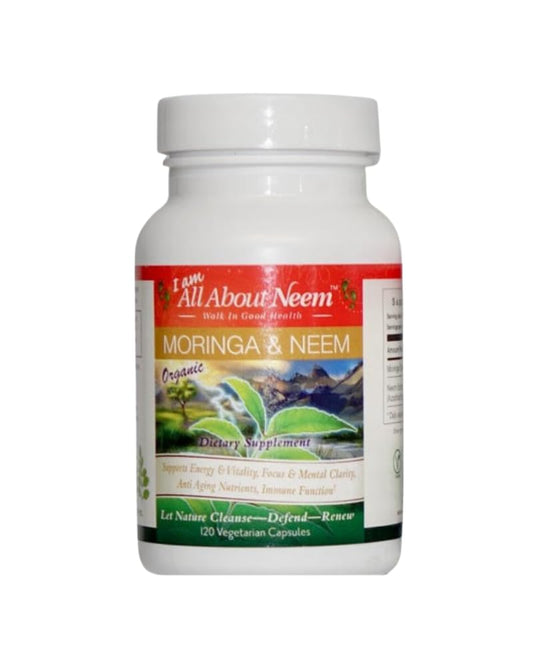 All About Neem bottle front showing Organic Moringa & Neem Leaf capsules for daily wellness