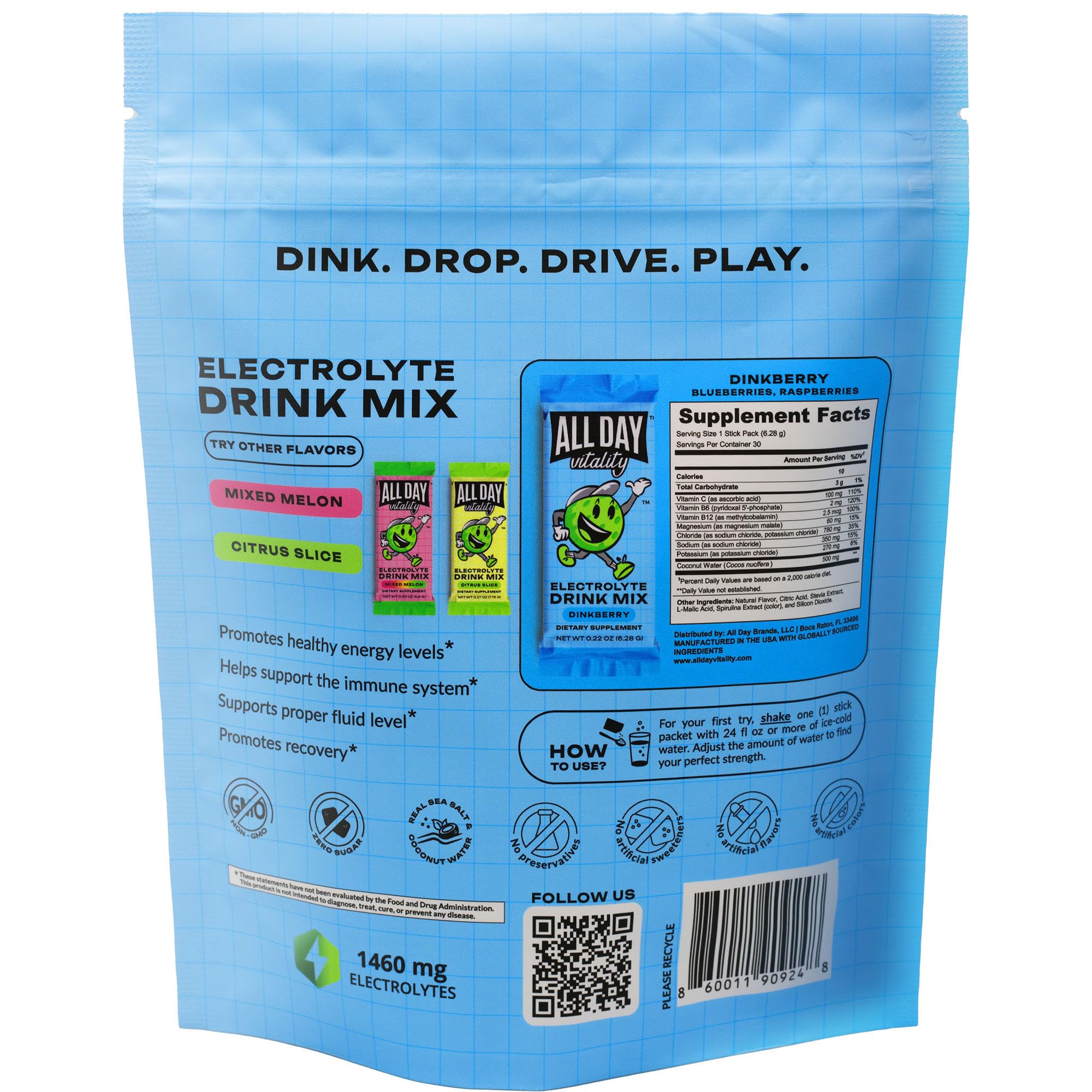 ALL DAY Vitality athlete drinks on court using dinkberry hydration mid-game.