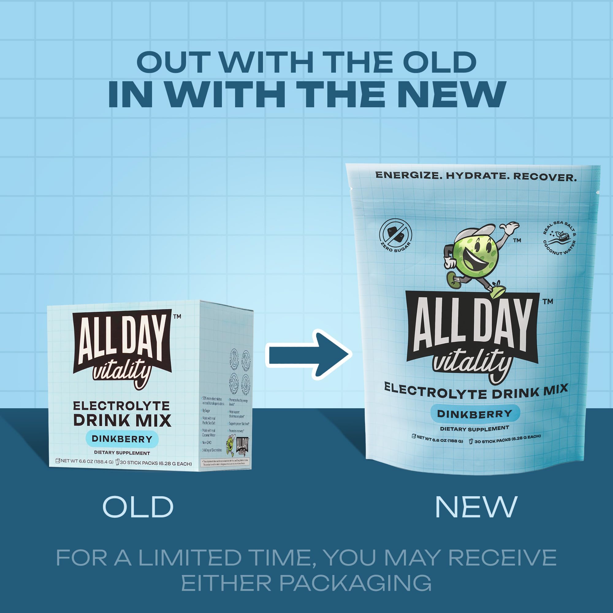 ALL DAY Vitality pickleball packets label close-up highlighting electrolytes and natural ingredients.