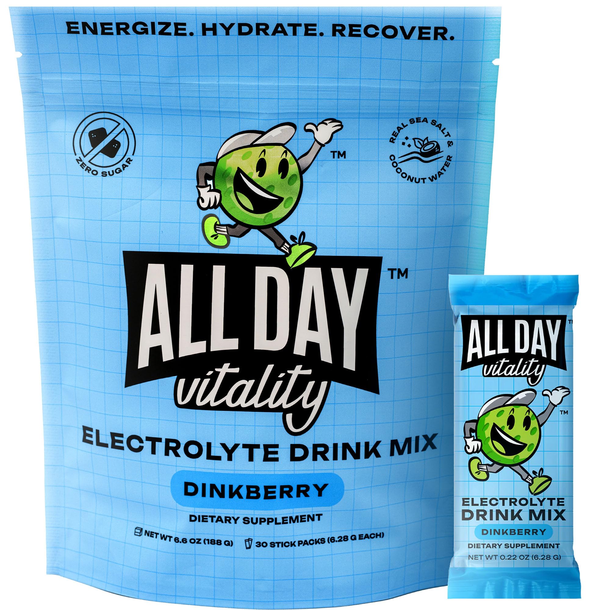 ALL DAY Vitality pickleball packets packaging front shows zero sugar hydration for athletes.