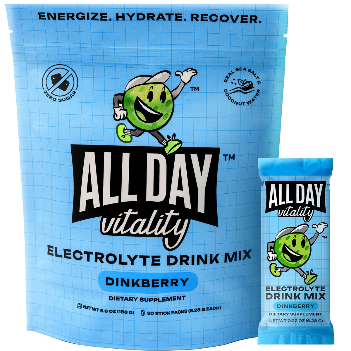 ALL DAY Vitality pickleball packets packaging front shows zero sugar hydration for athletes.