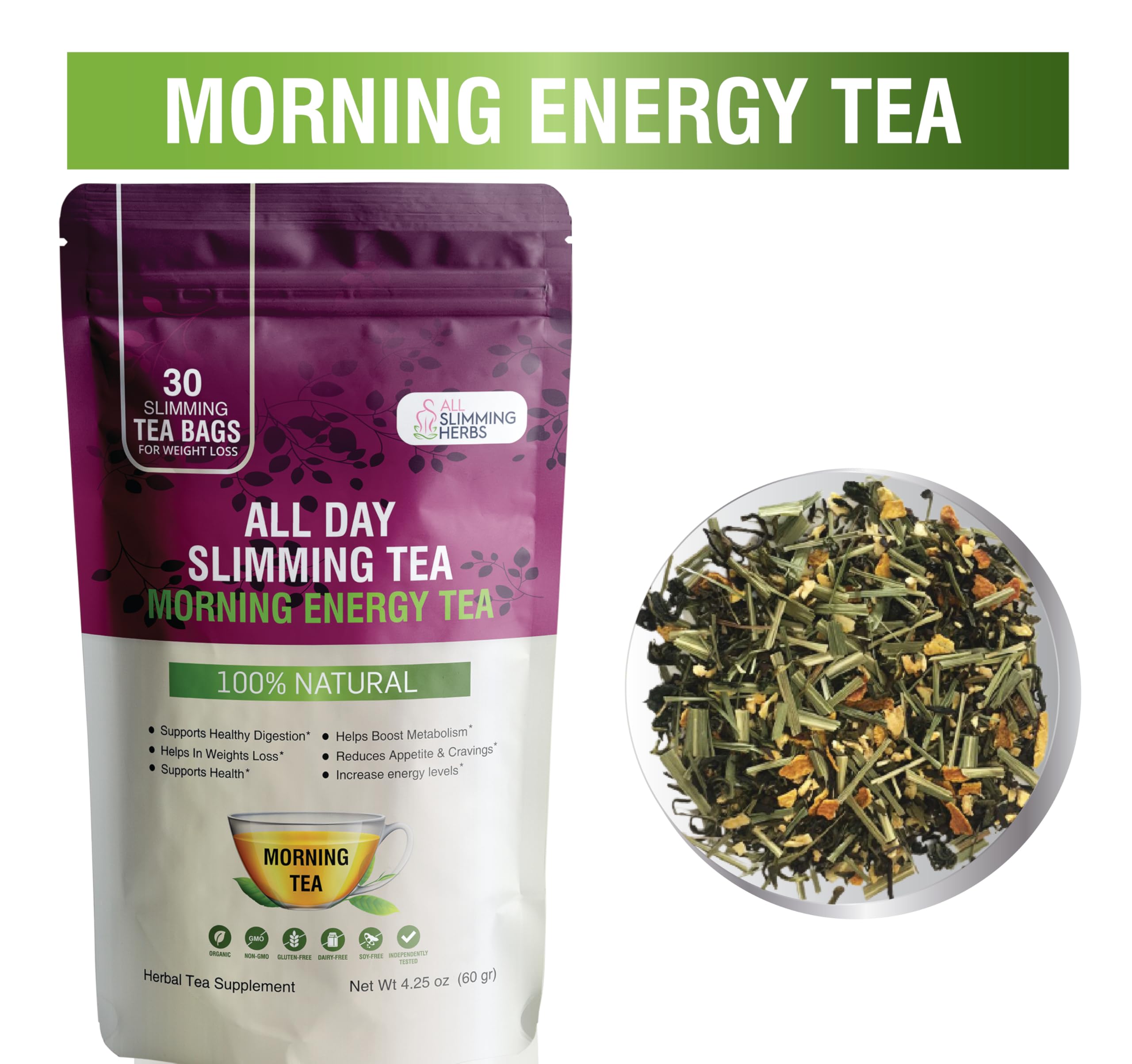 ALL SLIMMING HERBS Daytime Tea cup steeping to boost morning energy