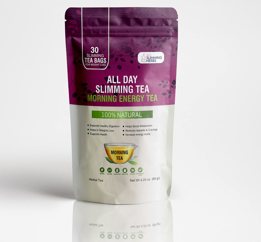 ALL SLIMMING HERBS packaging display shows 60-tea-bag set for month-long use