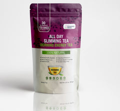 ALL SLIMMING HERBS packaging display shows 60-tea-bag set for month-long use