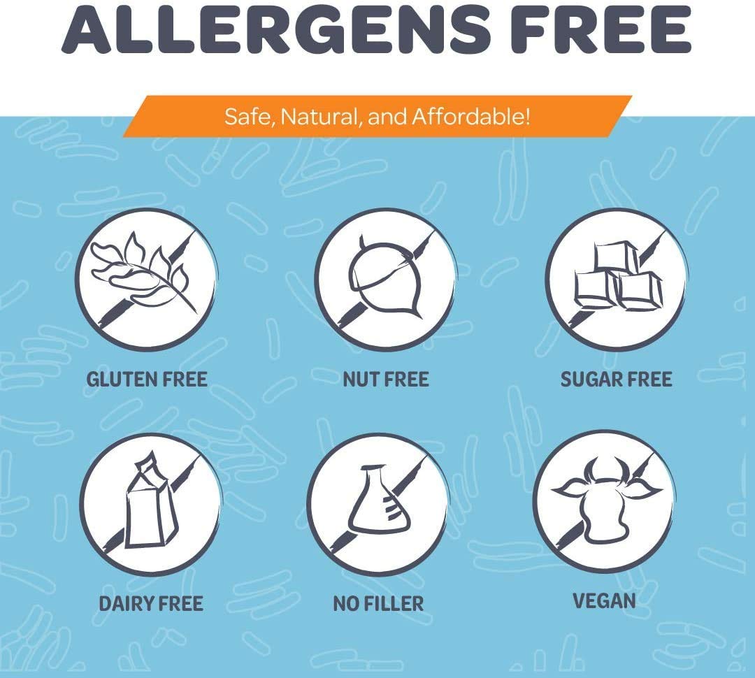 Allergen-free icons emphasize a dairy-free, gluten-free probiotic option from Bio-Heal.