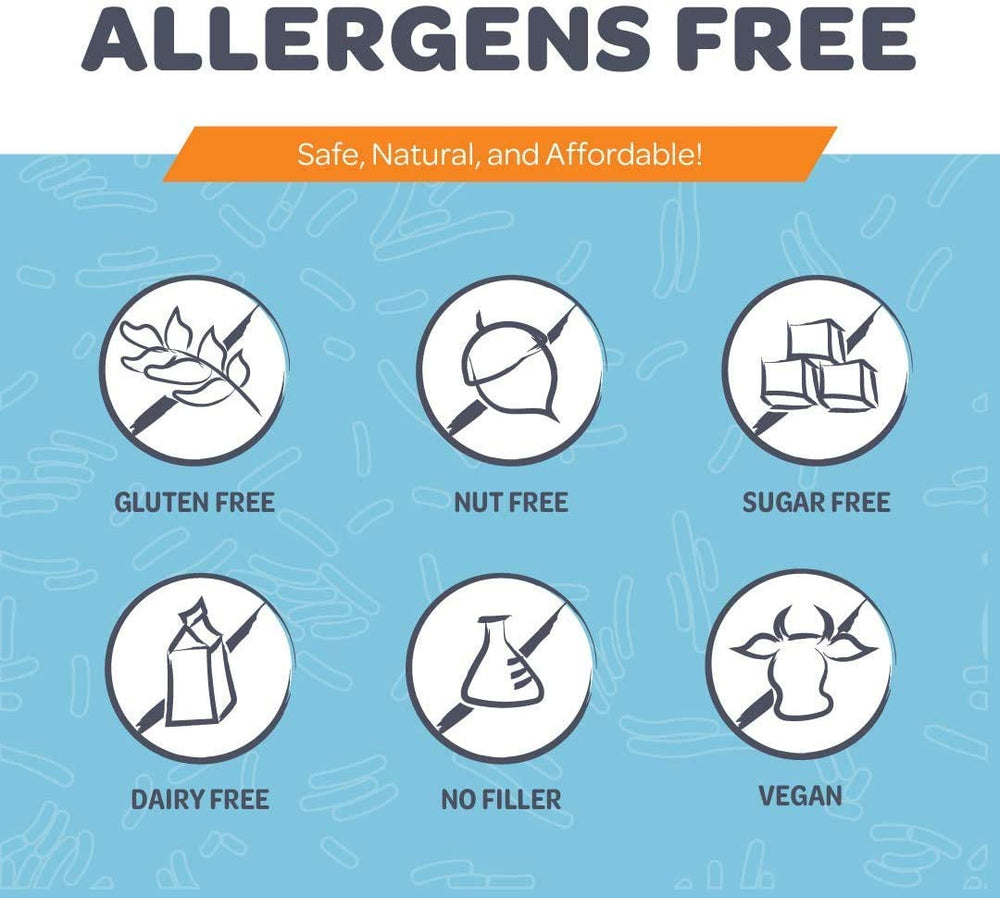 Allergen-free icons emphasize a dairy-free, gluten-free probiotic option from Bio-Heal.