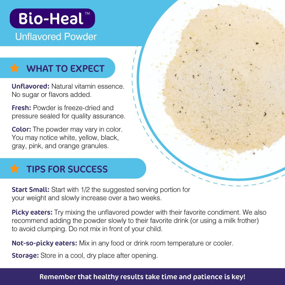 Bio-Heal Probiotic kid serving option shown on the label for kids.