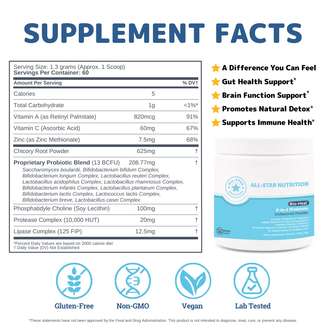 Bio-Heal Probiotic powder scoop shows easy daily dosing for families.