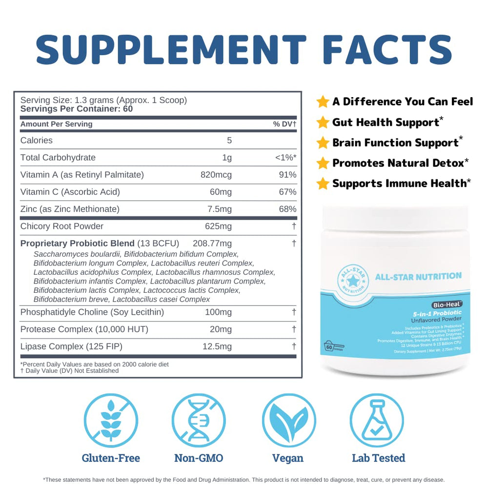 Bio-Heal Probiotic powder scoop shows easy daily dosing for families.