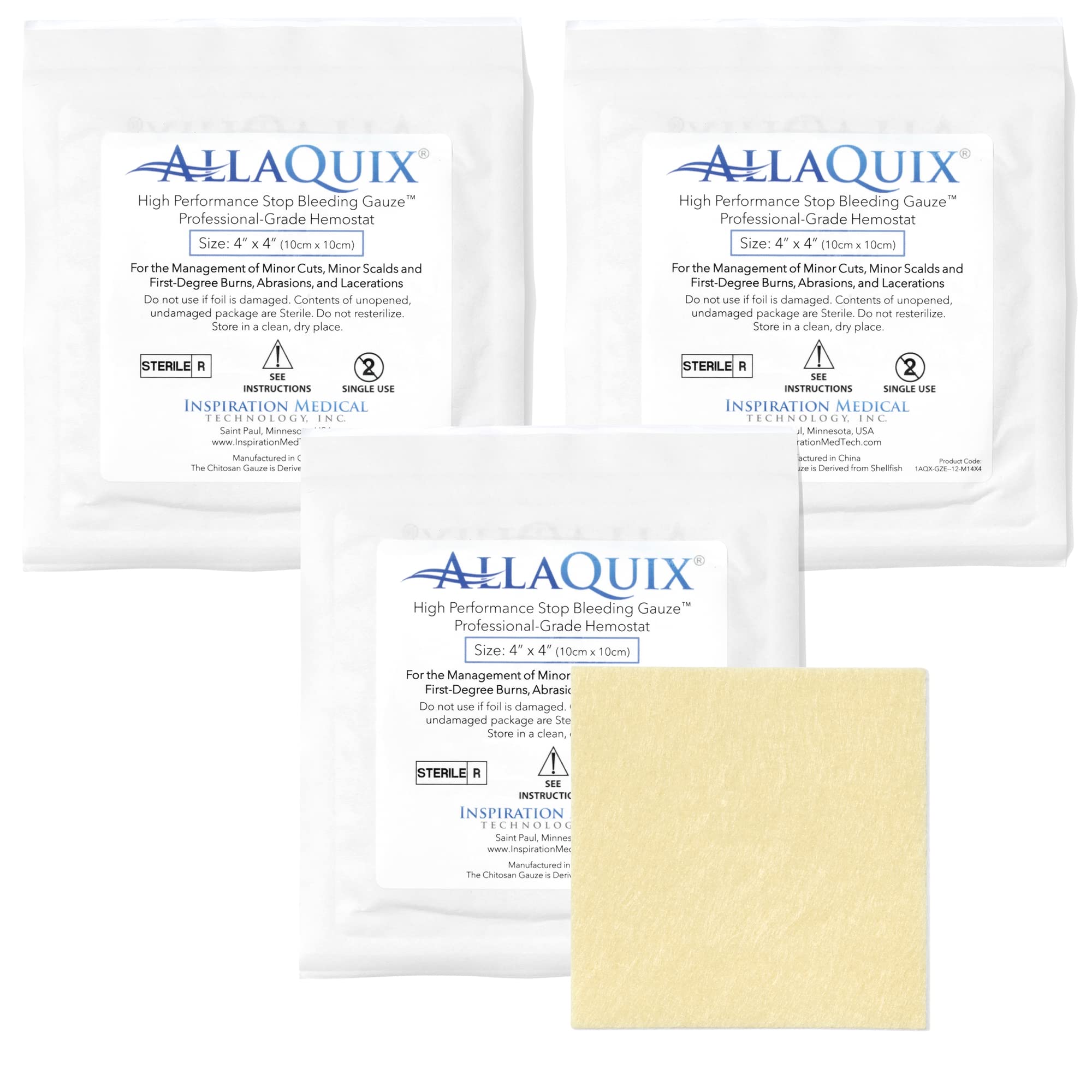AllaQuix stop-bleeding gauze 4x4 for rapid wound control in first aid.