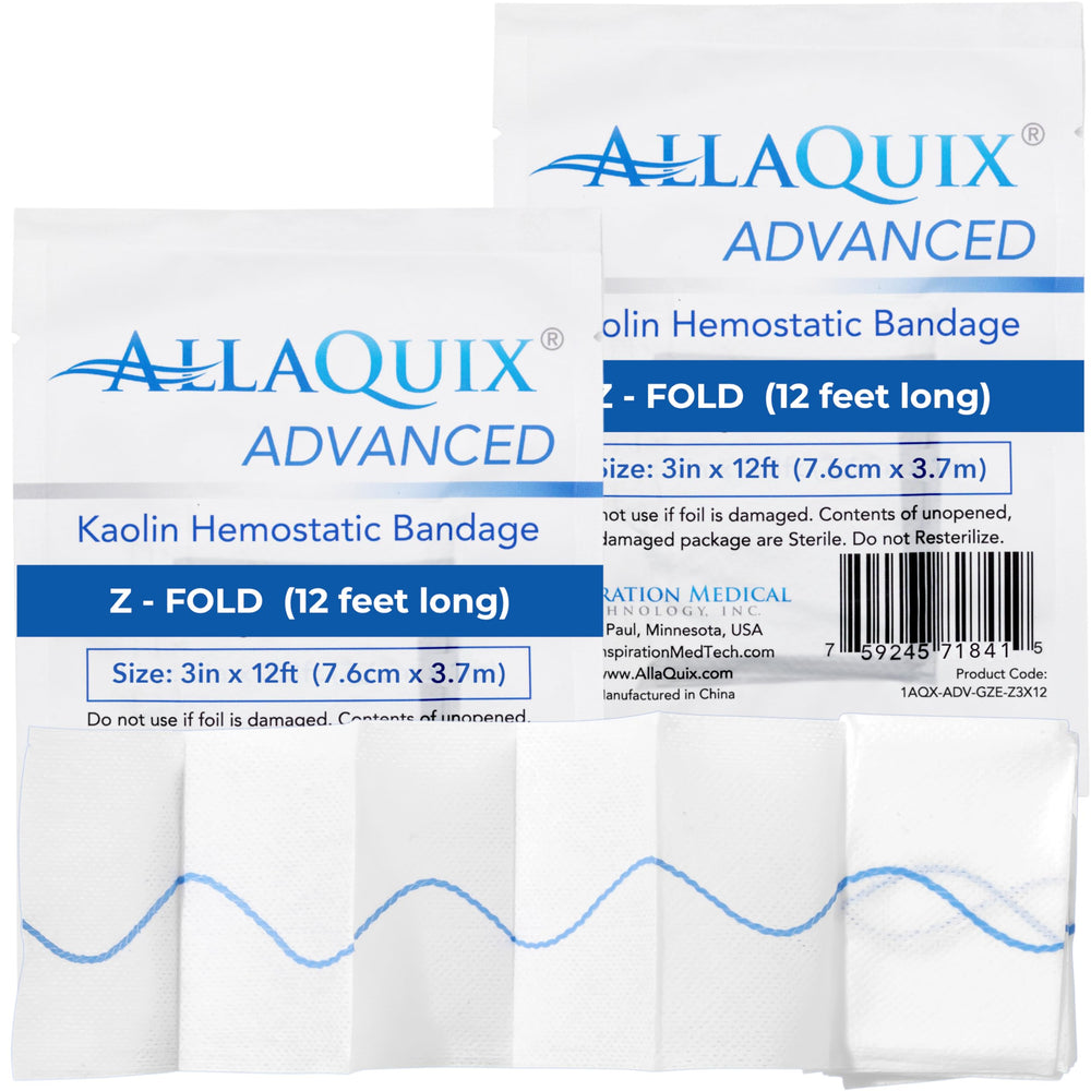 AllaQuix kaolin gauze 3in-12ft in packaging, ideal for rapid field deployment.