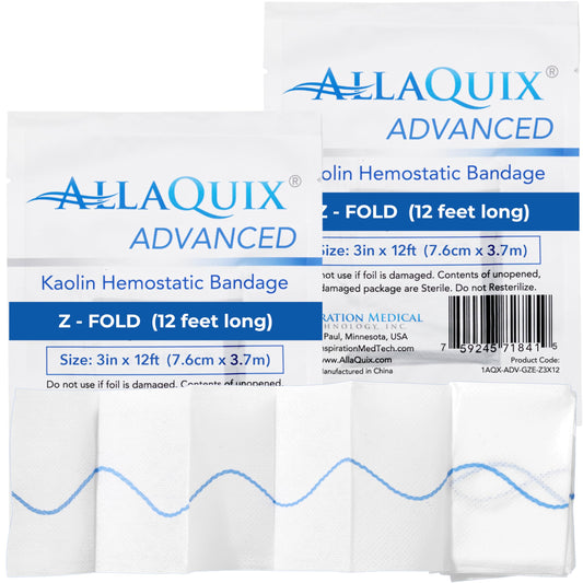 AllaQuix kaolin gauze 3in-12ft in packaging, ideal for rapid field deployment.