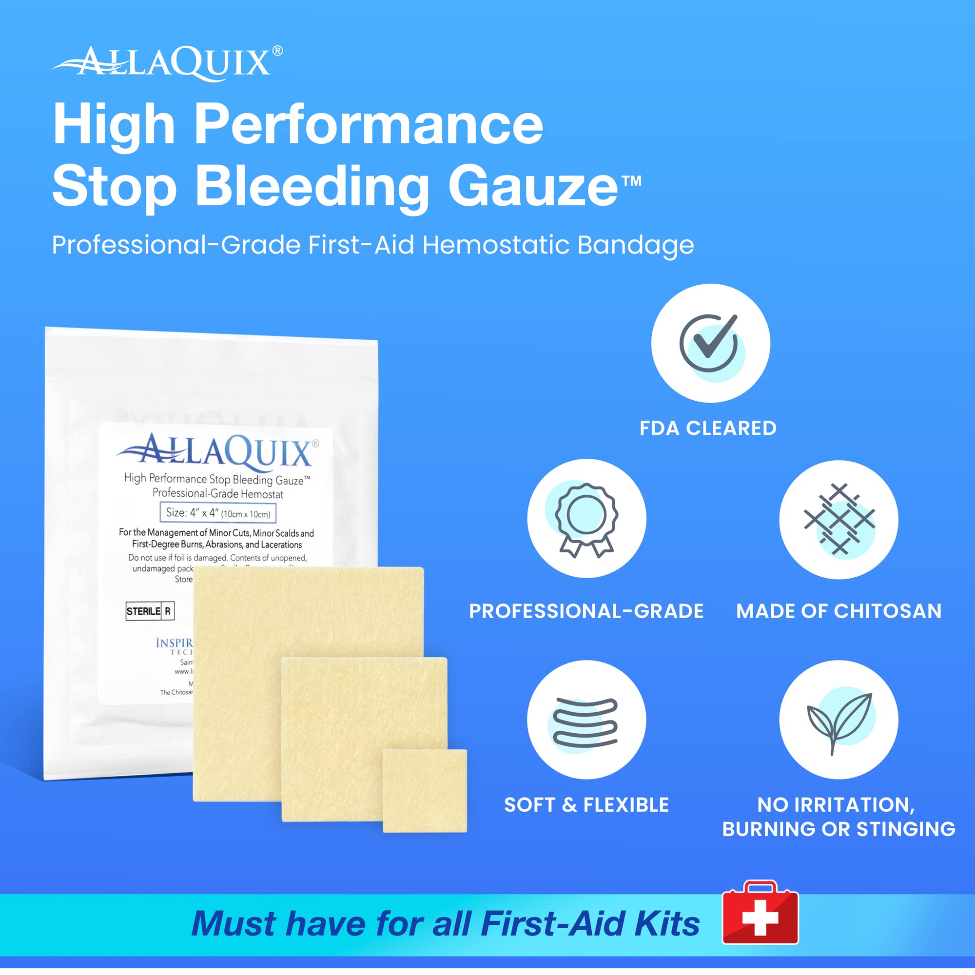 Sterile AllaQuix gauze pads 3-pack ready for first aid kits.