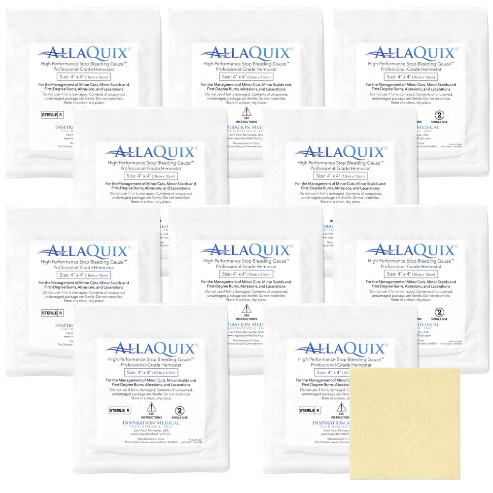 AllaQuix 4x4 sterile gauze pad in packaging, ready for first aid.
