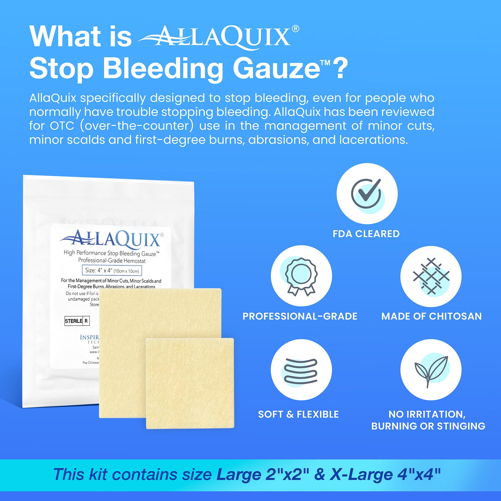 AllaQuix Stop Bleeding Kit back view reveals included gauze and booklet.