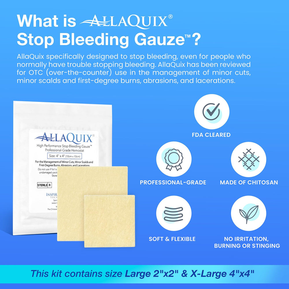 AllaQuix Stop Bleeding Kit back view reveals included gauze and booklet.